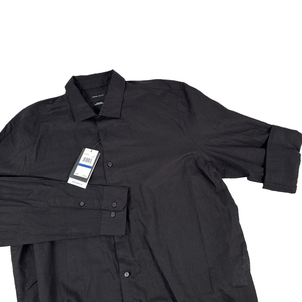 New Mens Perry Ellis Linen Blend Button Up Long Sleeve Shirt Size XL Black NWT